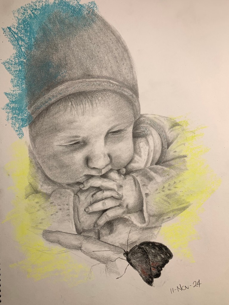 Graphite portrait of baby clasping hands staring at a butterfly.