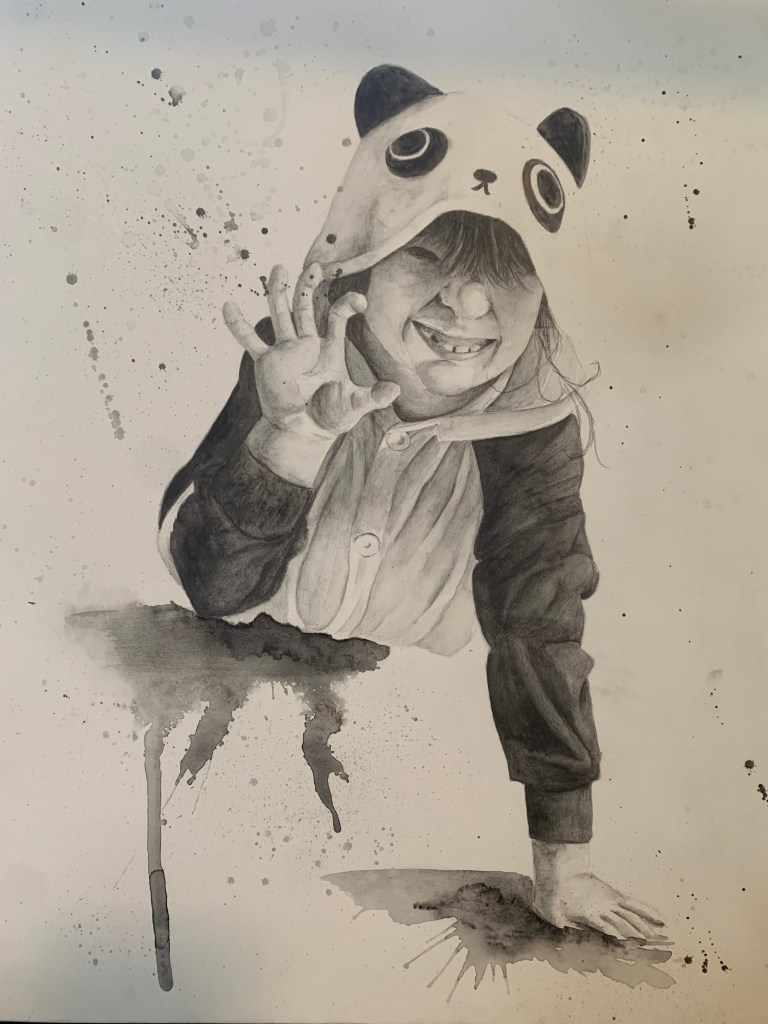Drawing of young girl in a panda costume.