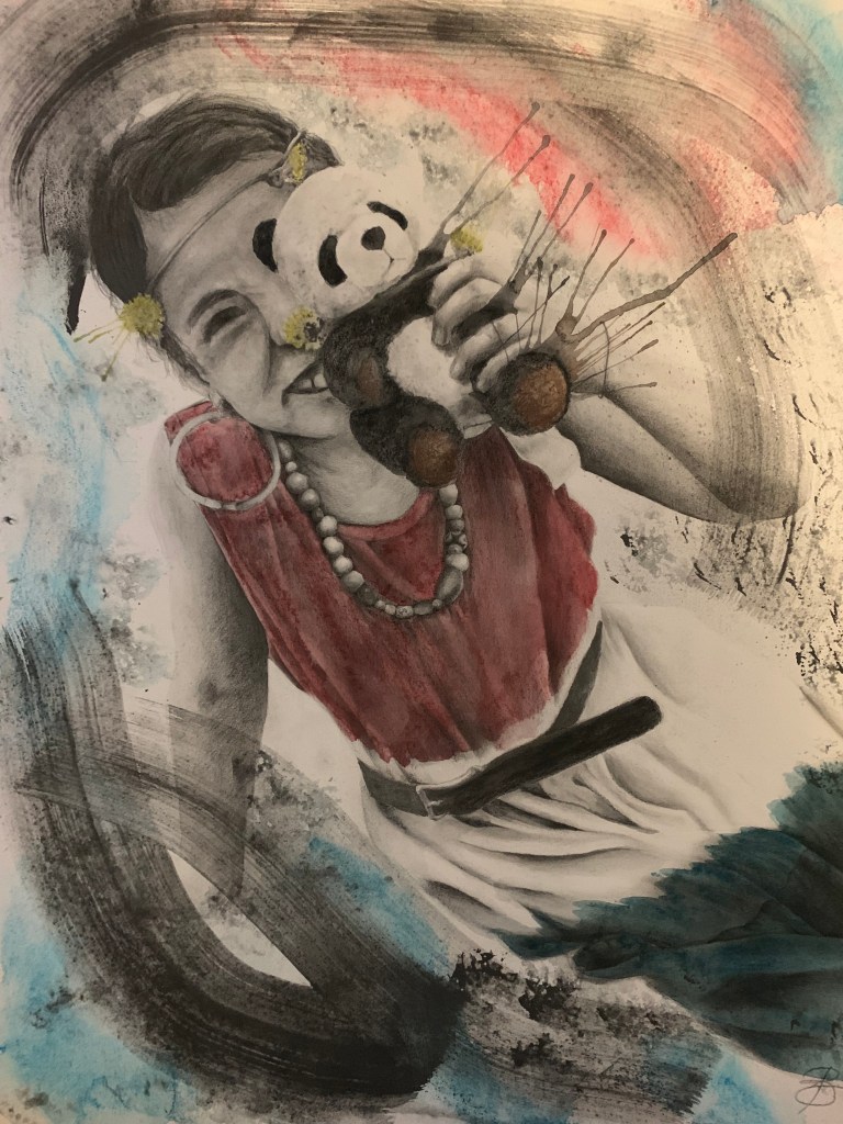 Drawing of young girl smiling and holding stuffed panda over part of her face.